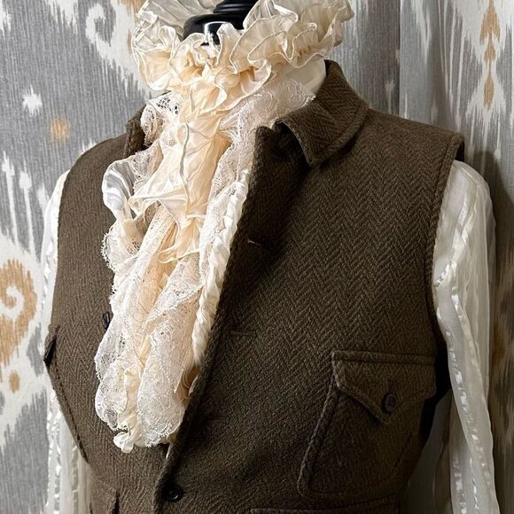 Ralph Lauren Olive Herringbone and Leather Gilet Waistcoat Vest - Picture 7 of 16